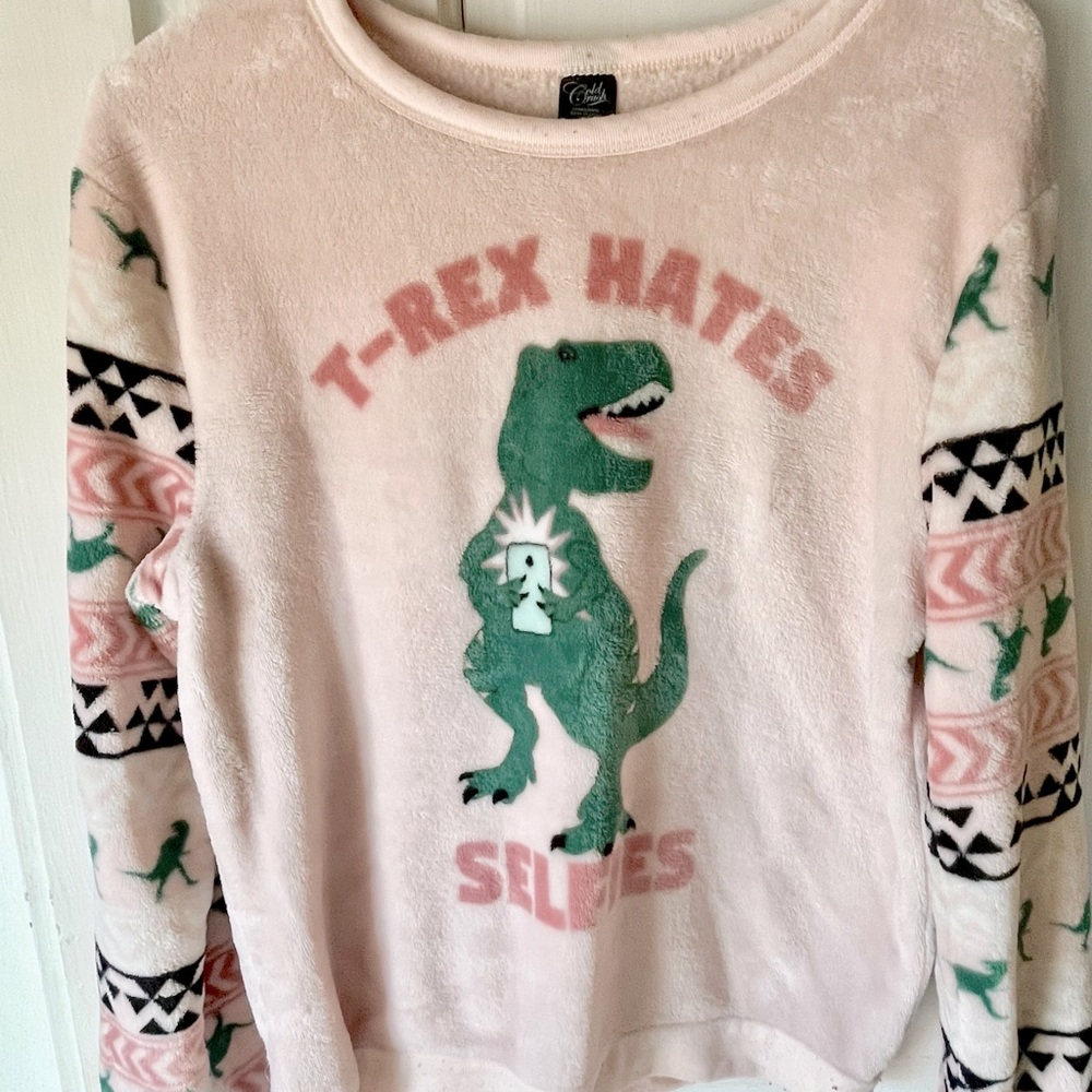 T Rex hates selfies super soft sweatshirt.